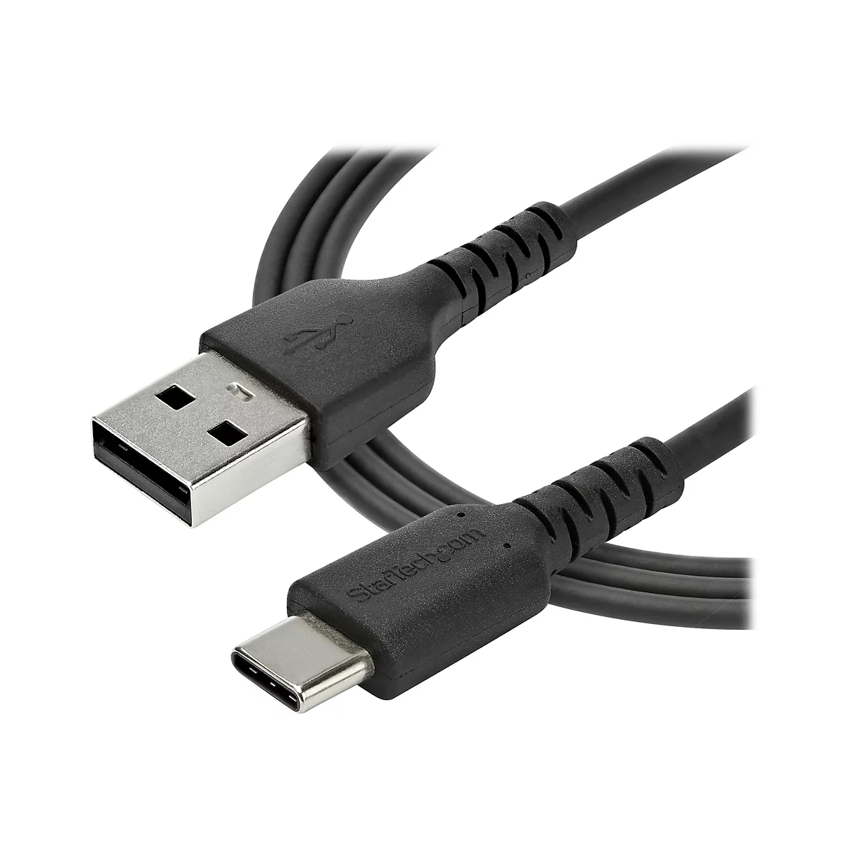 Schwarzes USB-C-Kabel mit USB-A-Anschluss. Das Kabel hat das Startech.com Logo.