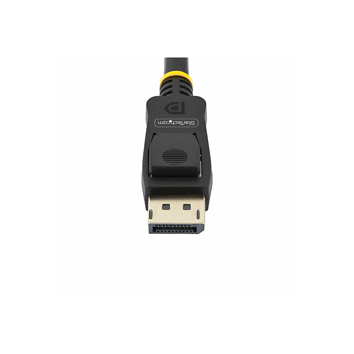 Nahaufnahme eines schwarzen DisplayPort-Kabels mit goldfarbenem Anschluss und StarTech.com-Logo.