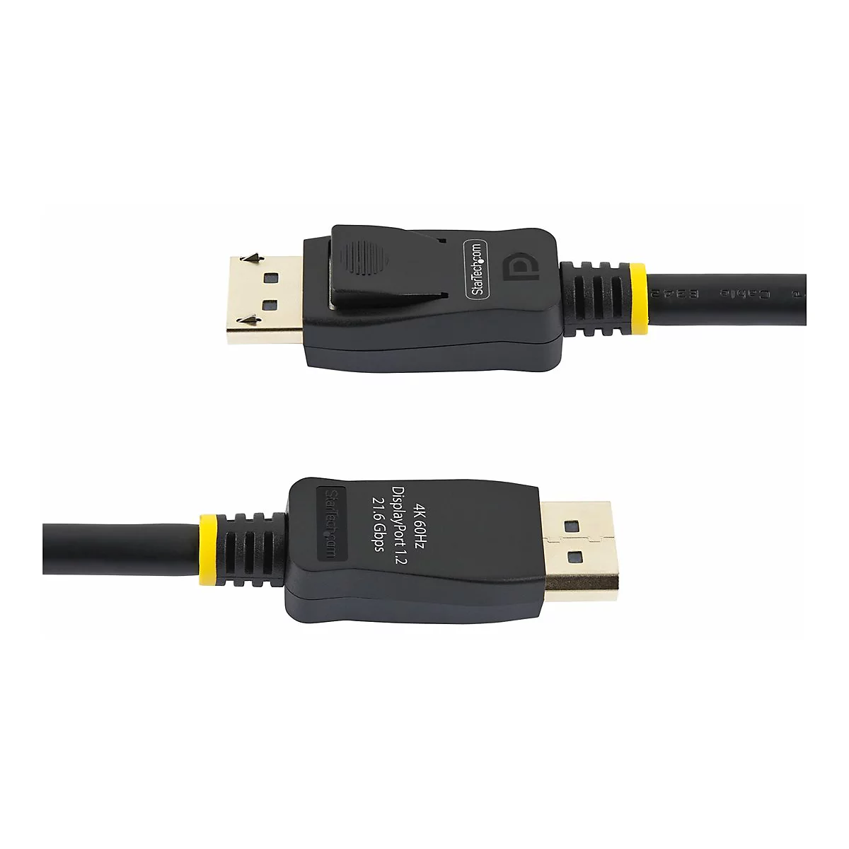 Zwei schwarze DisplayPort-Kabel mit gelben Akzenten, die von StarTech.com hergestellt wurden, vor weißem Hintergrund.