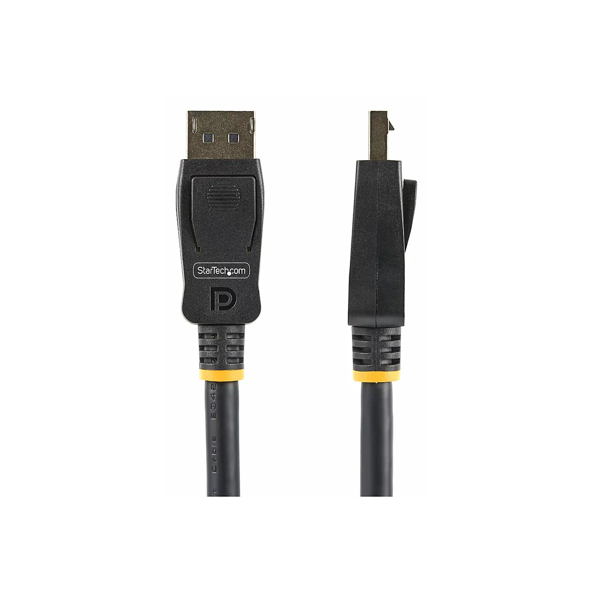 Schwarz-gelbes DisplayPort-Kabel mit Steckern; StarTech-Logo. Rechts das Profil des Steckers.