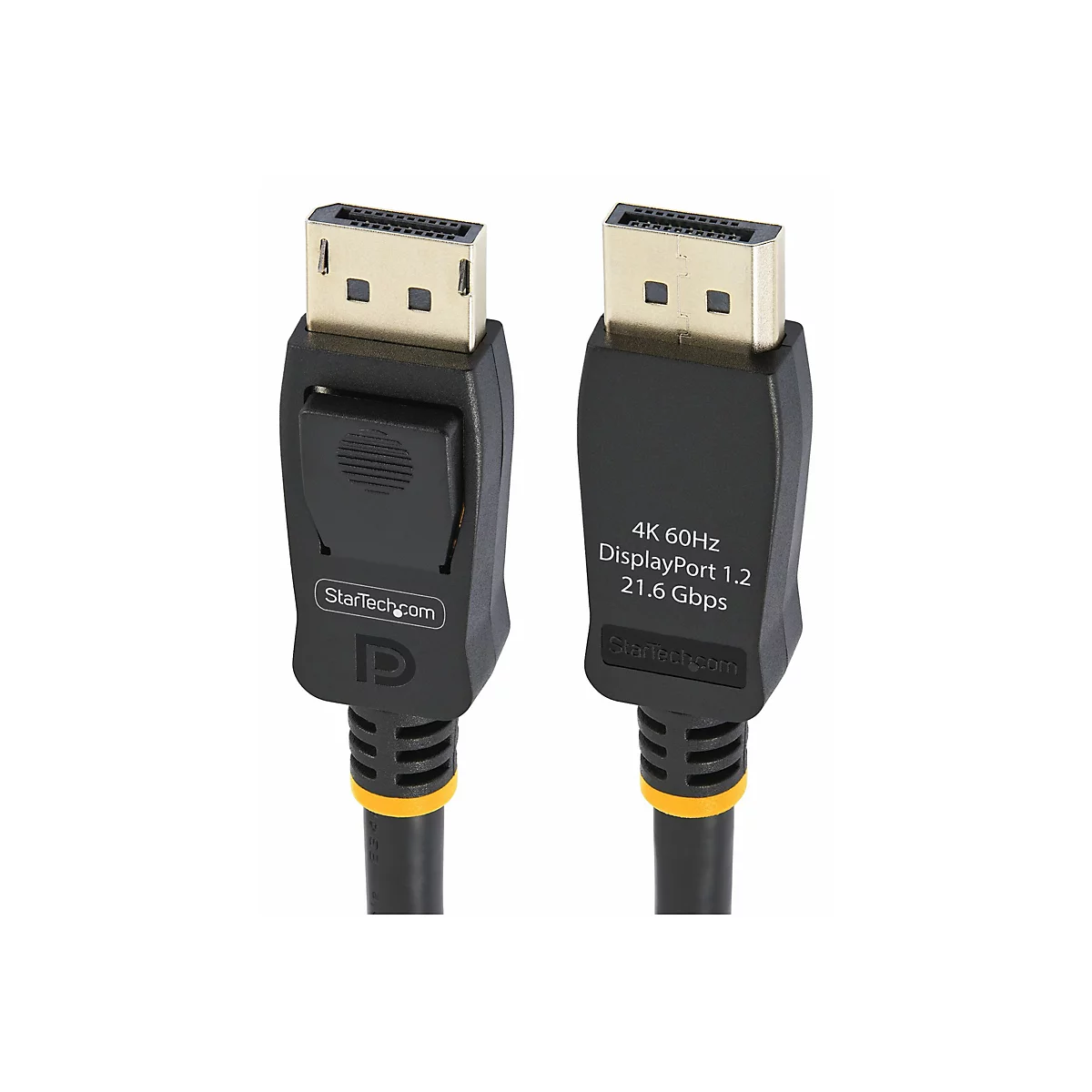 Zwei schwarze DisplayPort-Kabel mit vergoldeten Anschlüssen, beschriftet mit Produktinformationen.
