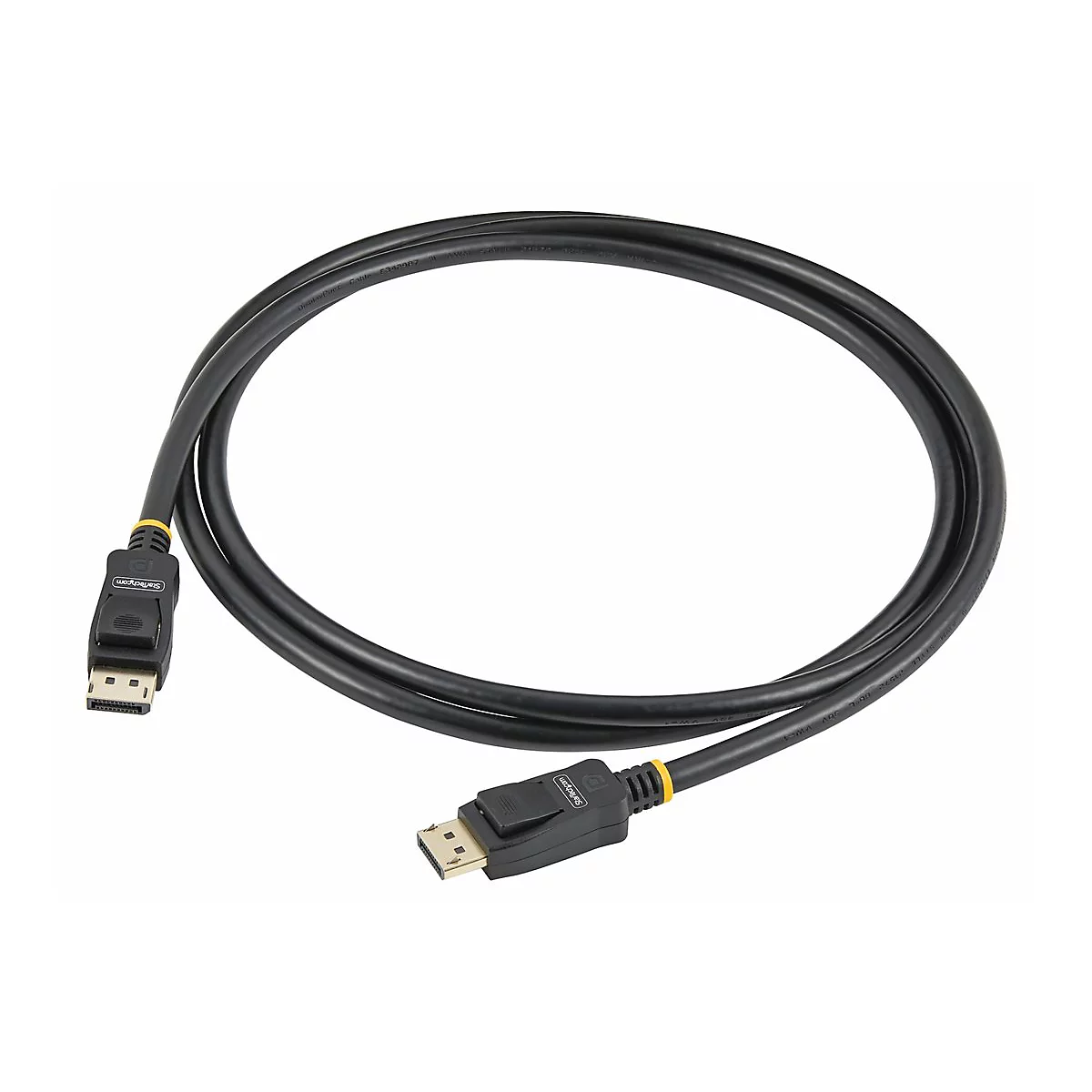 Ein schwarzes DisplayPort-Kabel mit Steckern an beiden Enden, das in einer Schleife liegt.