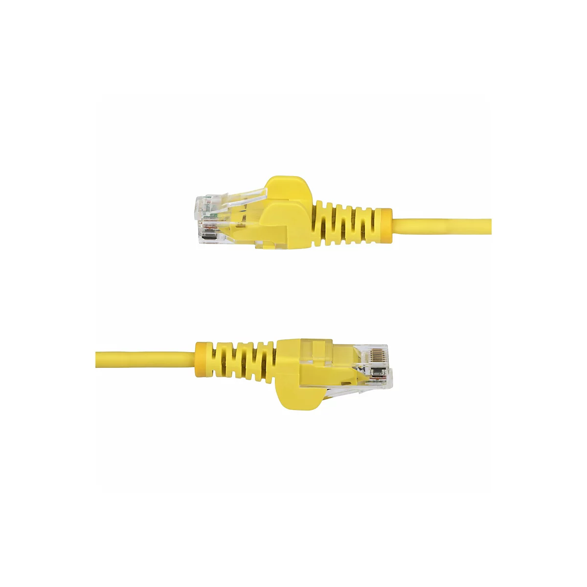 Zwei gelbe Netzwerkkabel mit Steckern vor weißem Hintergrund. Die Stecker sind transparent und zeigen die Innereien.