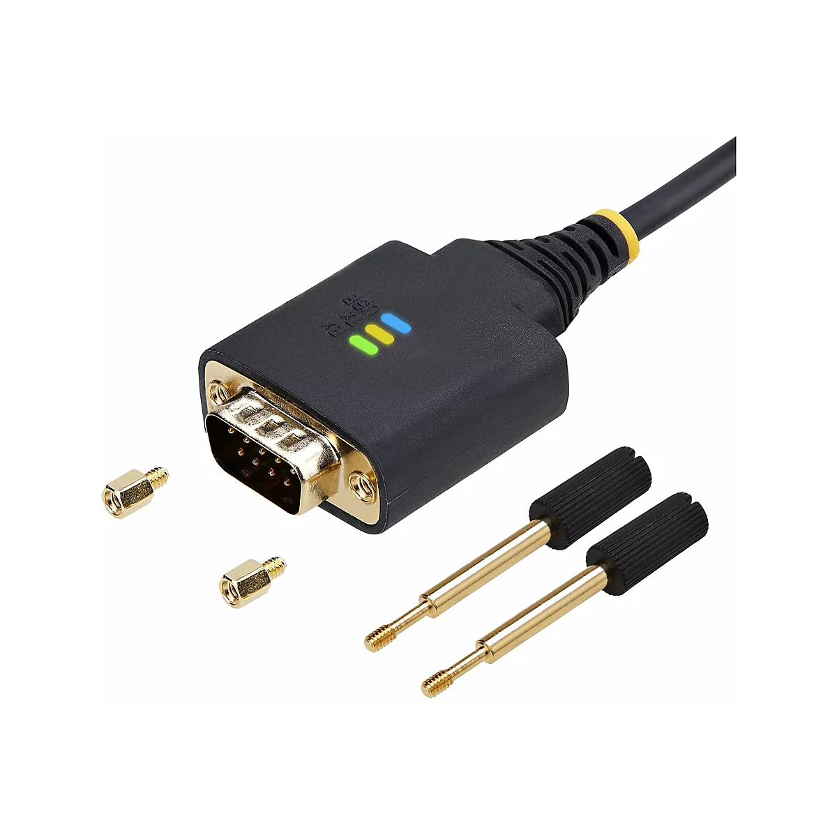 Un adaptateur USB noir avec des lumières LED jaunes, bleues et vertes. Connecteur, vis et deux tournevis de couleur or sur fond blanc.