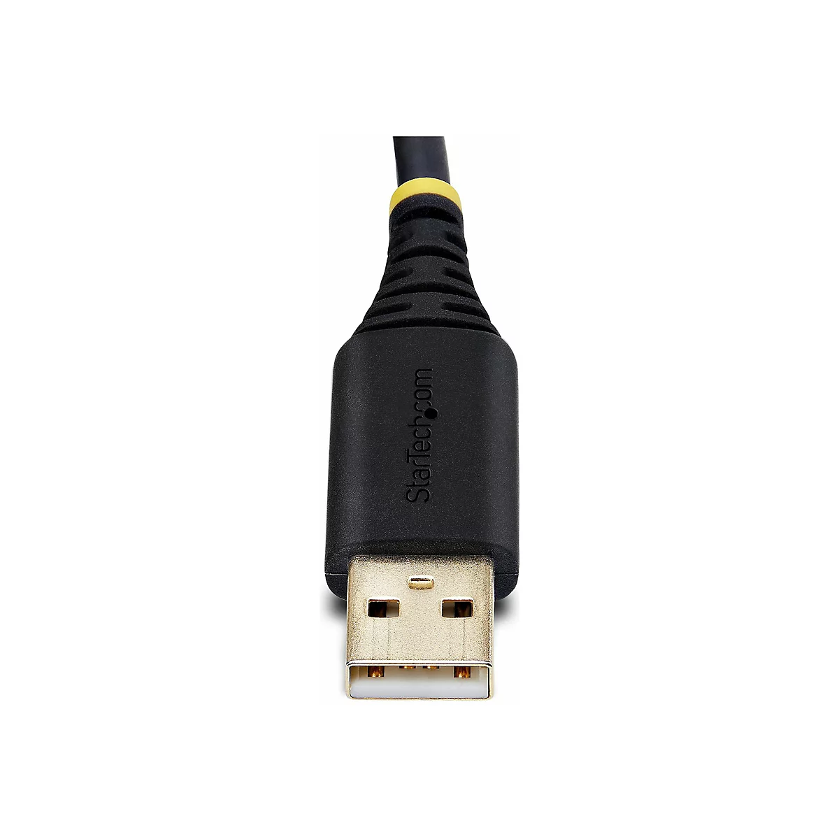 Gros plan d'un câble USB noir avec connecteur plaqué or, logo Startech.com.