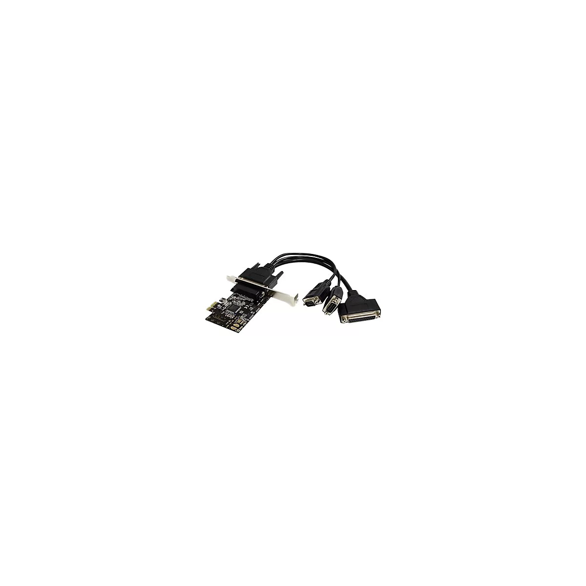 Eine schwarze Karte mit Anschlüssen, die an drei schwarze Kabel mit unterschiedlichen Steckern angeschlossen sind.
