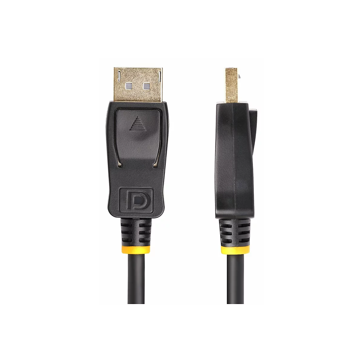 Gros plan d'un câble DisplayPort. Le câble a des boîtiers en plastique noir et des connecteurs dorés. Les connecteurs sont vus de face dans l'image de gauche et de côté dans l'image de droite.