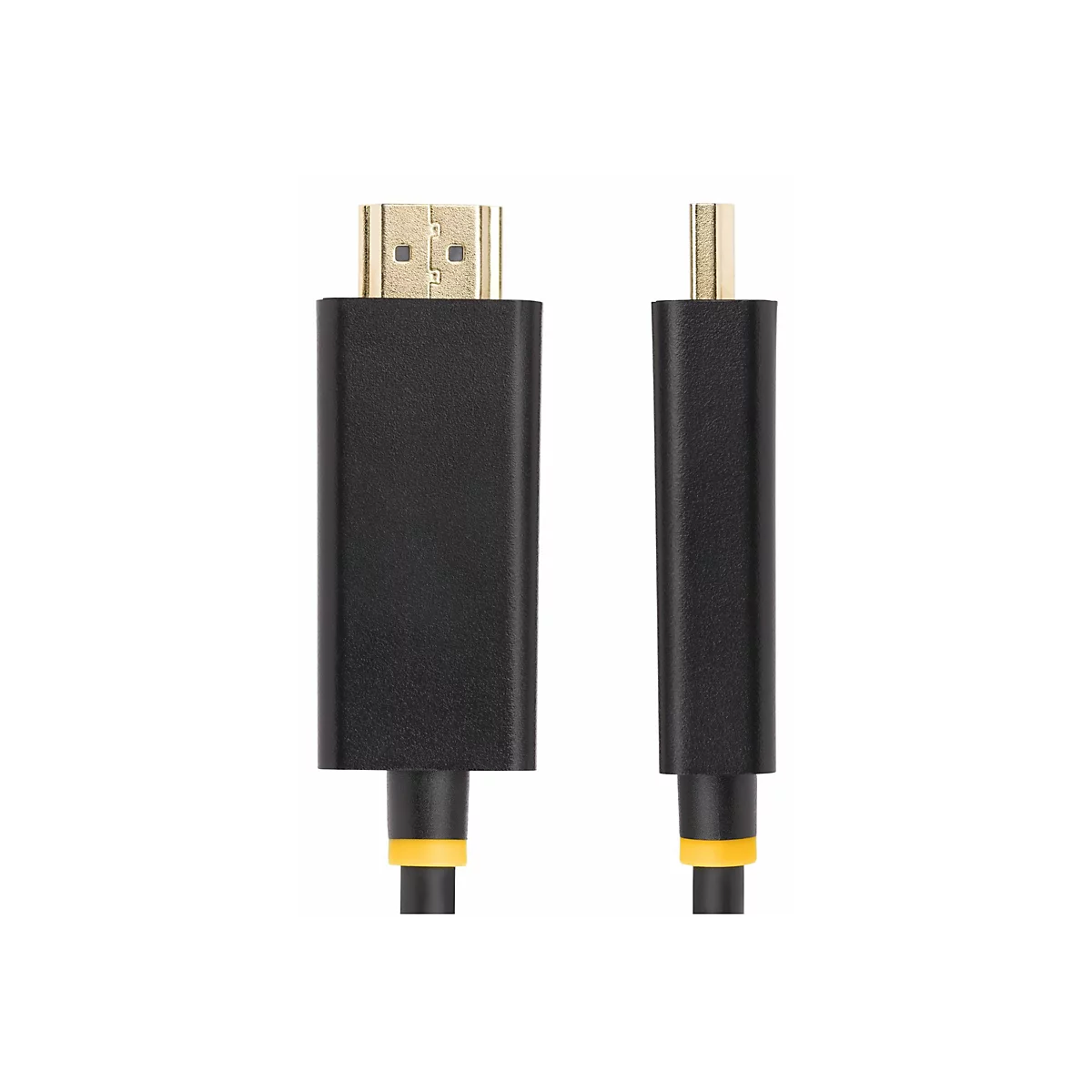 Un câble HDMI noir avec des connecteurs dorés sur fond blanc. Le connecteur est rectangulaire avec deux renfoncements.
