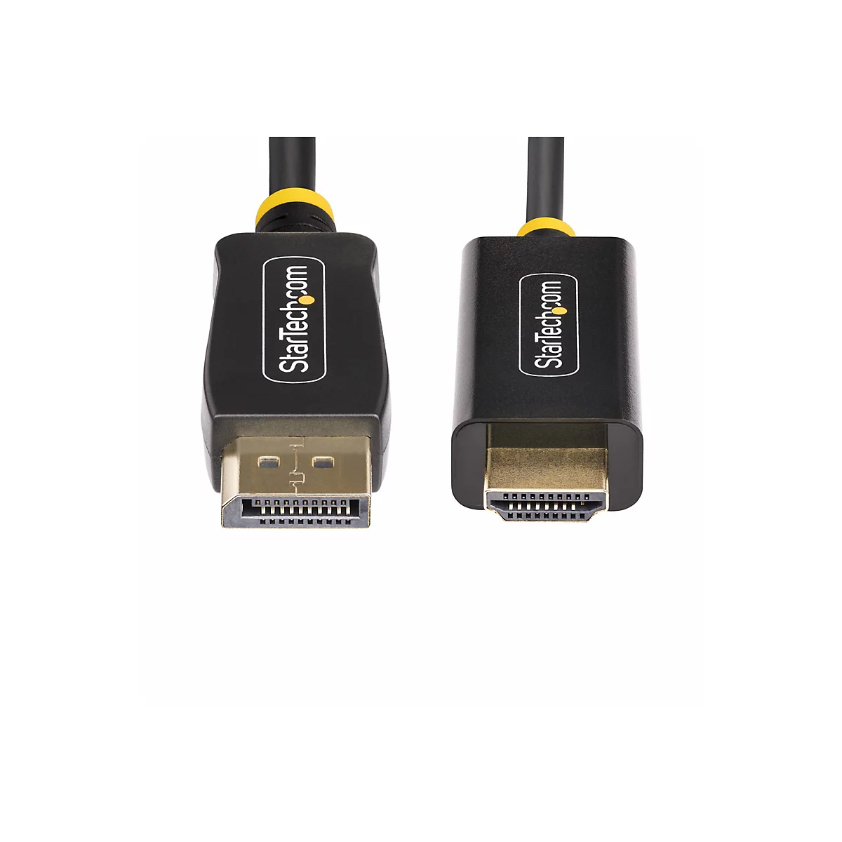 Deux câbles noirs avec des connecteurs DP et HDMI, sur fond blanc. StarTech.com est imprimé sur les connecteurs.