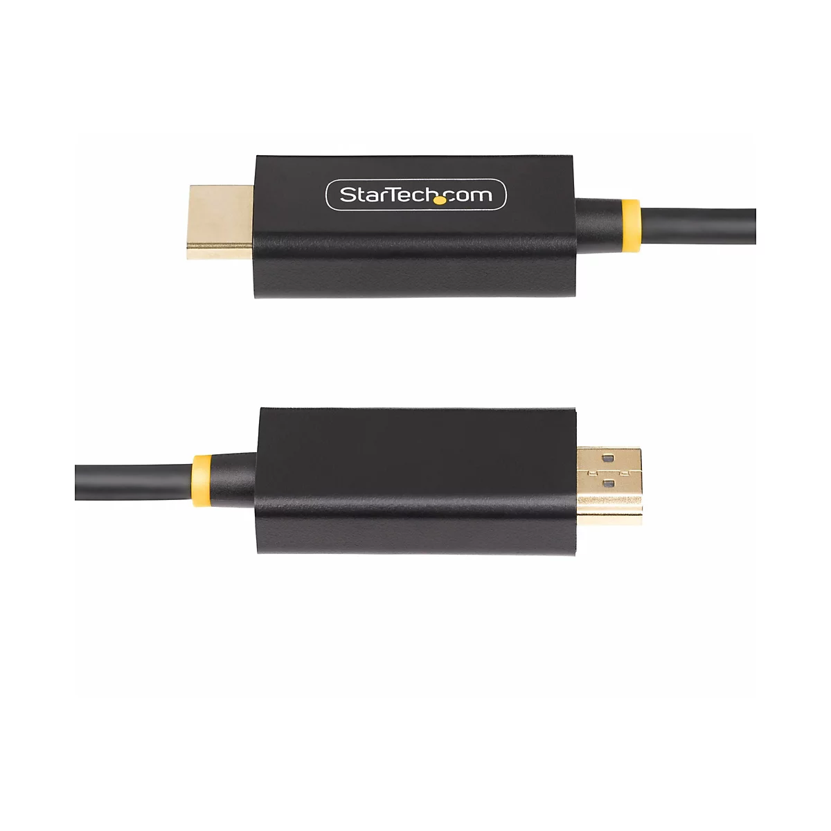 Un câble HDMI noir avec des connecteurs dorés. L'un des connecteurs porte la mention "StarTech.com".