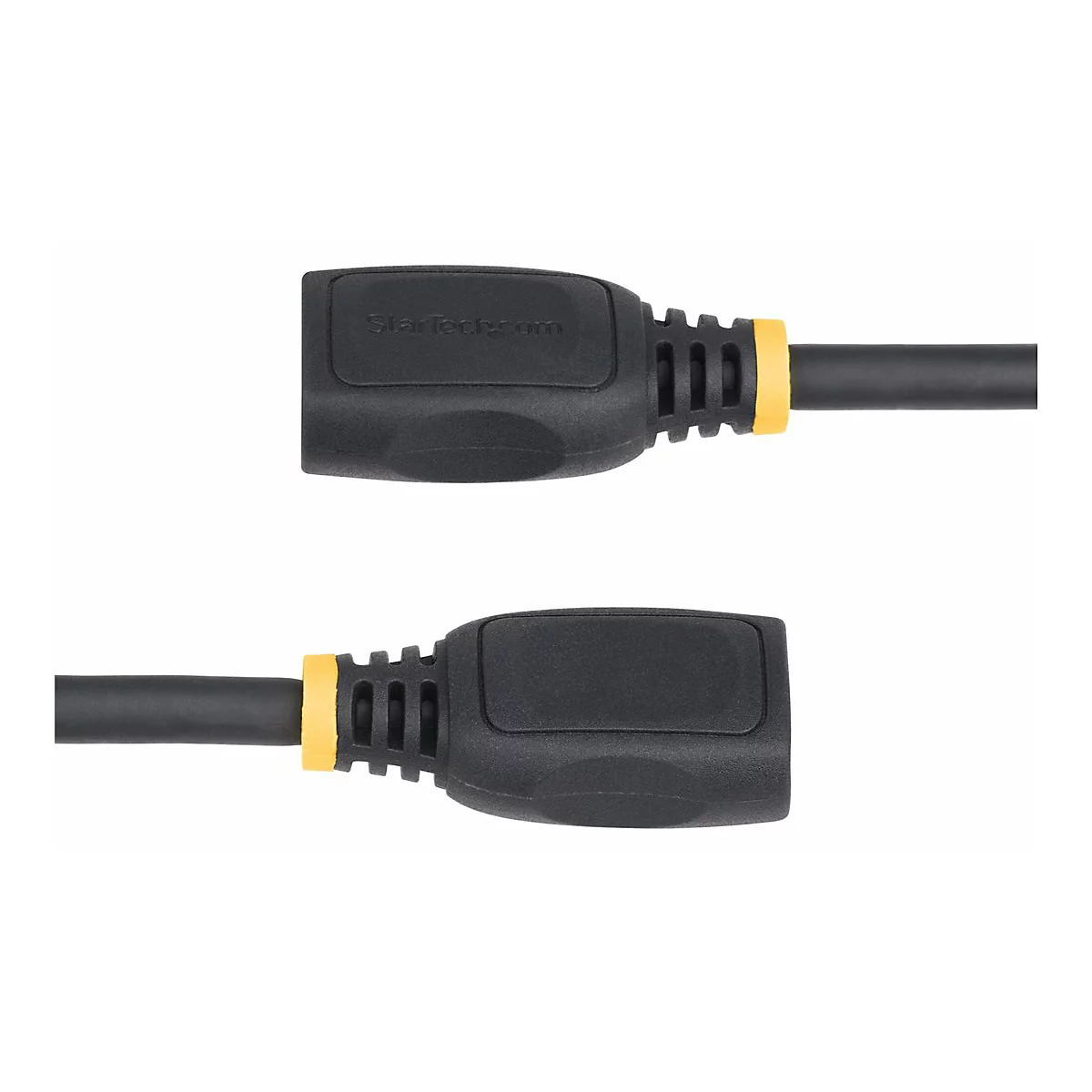 Deux câbles HDMI noirs avec des accents jaunes, sur fond blanc. Un câble porte la mention "StarTech.com".