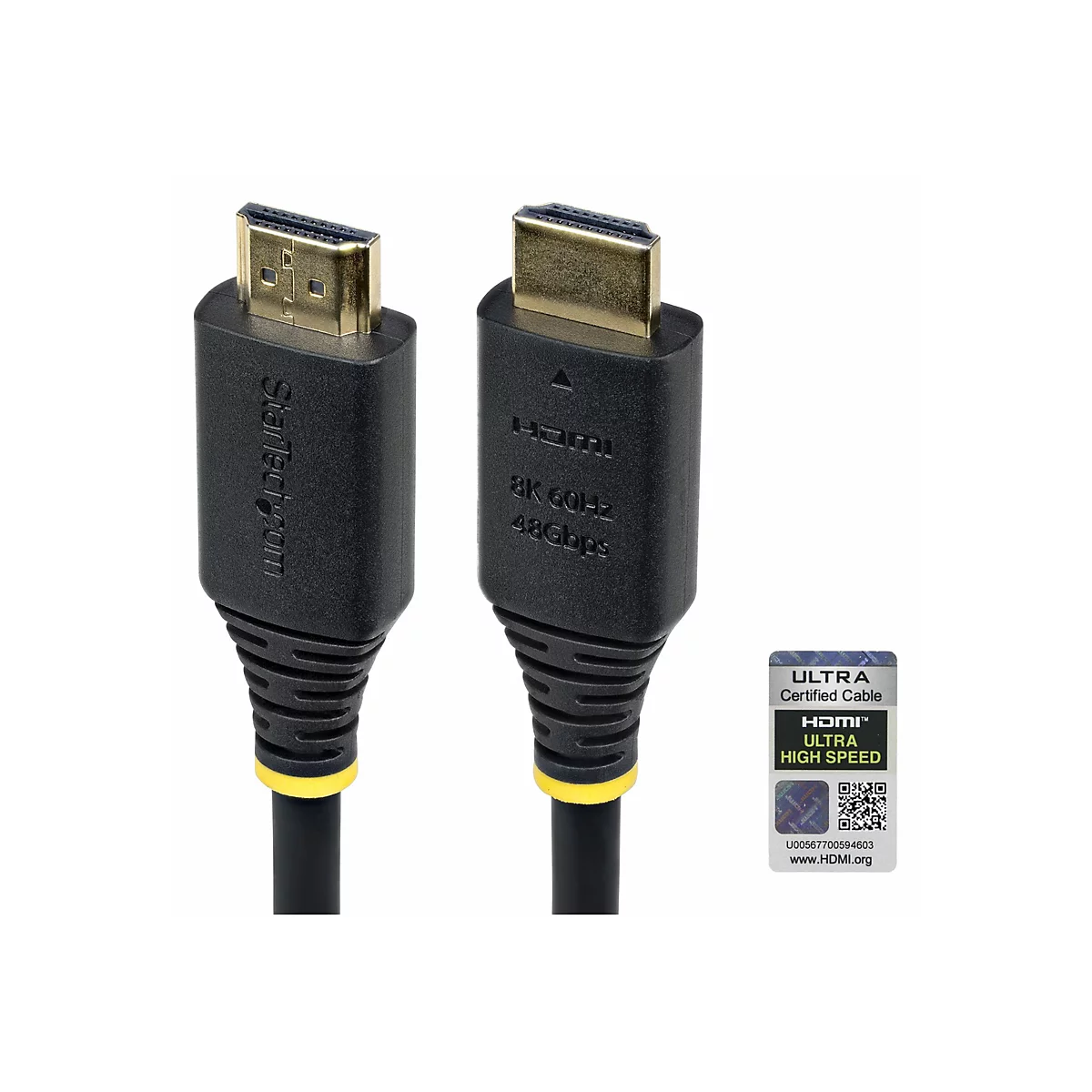 Deux câbles HDMI noirs avec connecteurs dorés, étiquetés HDMI, 8K 60Hz, 48Gbps. Une étiquette indique ultra haute vitesse.