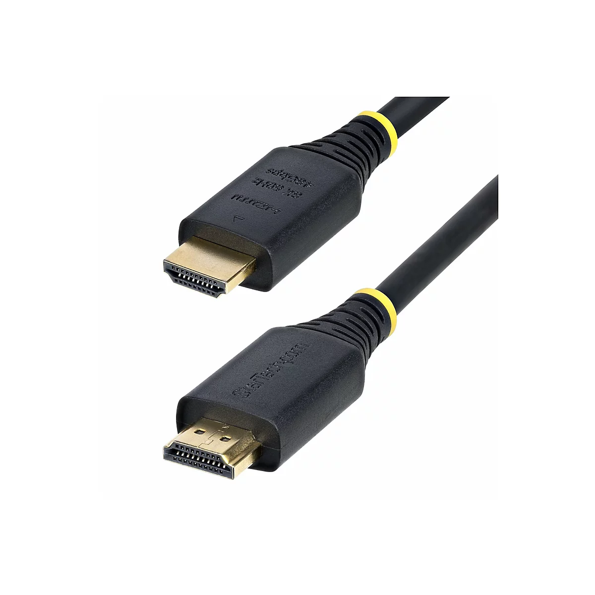 Deux câbles HDMI noirs avec connecteurs dorés, anneaux jaunes et lettrage.