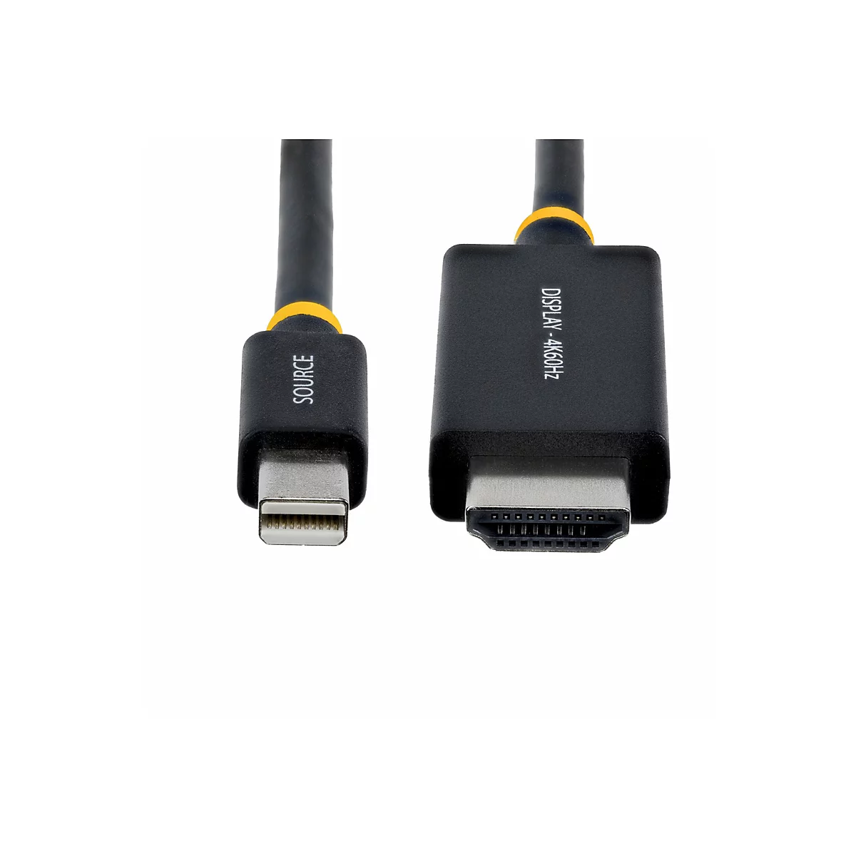 Un câble DisplayPort noir avec connexion HDMI. Un connecteur porte l'inscription 'SOURCE', l'autre 'DISPLAY - 4K60Hz'. Accents jaunes.