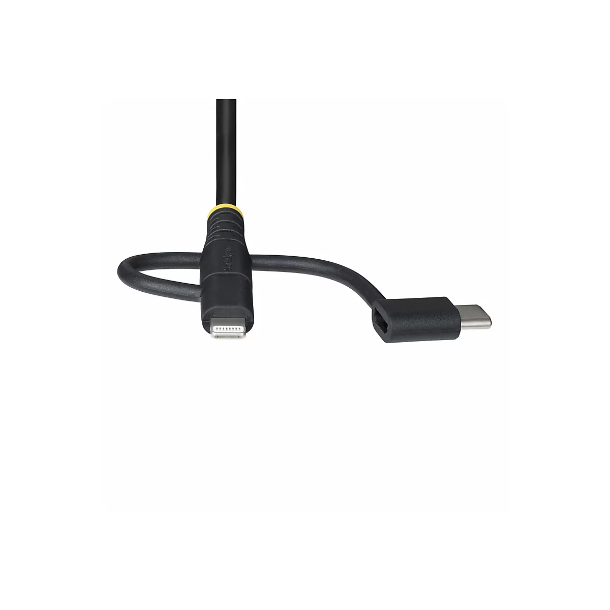 Câble de chargement noir avec connecteurs Lightning et USB-C sur fond blanc.
