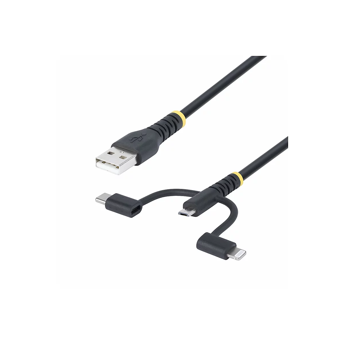 Câble USB noir avec trois connecteurs : USB-A, USB-C, Micro-USB et Lightning.