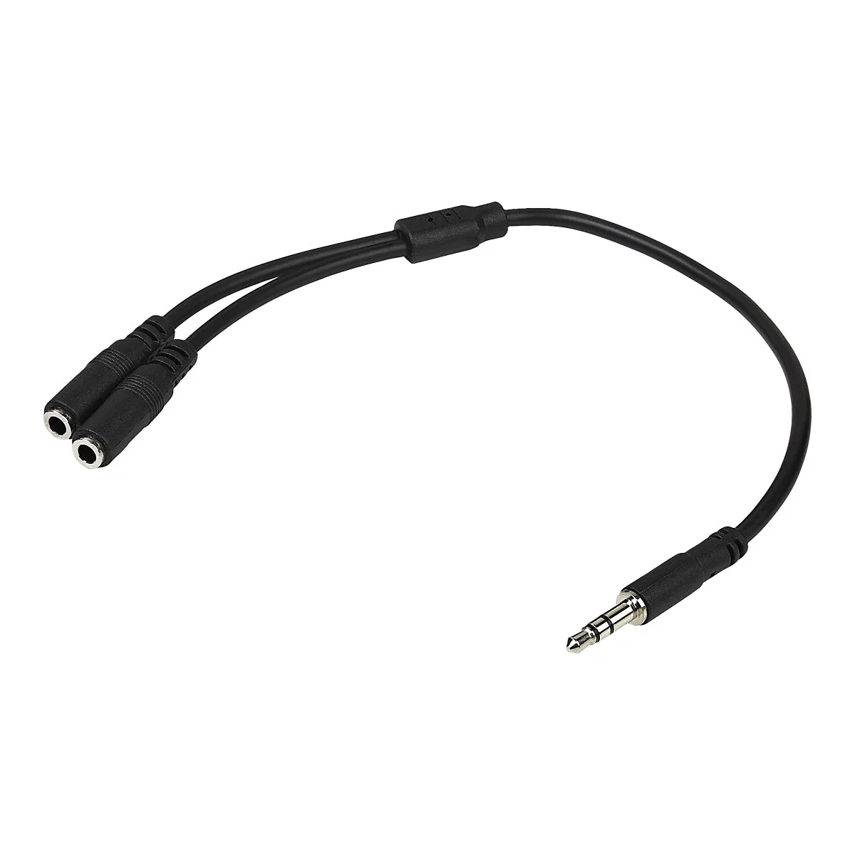 Schwarzes Audio-Kabel. Auf der einen Seite zwei Buchsen, auf der anderen ein Klinkenstecker.