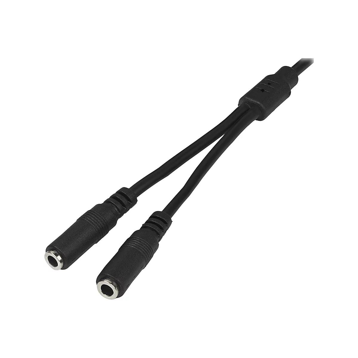 Ein schwarzes Y-Kabel, das zwei Buchsen mit einem Stecker verbindet.