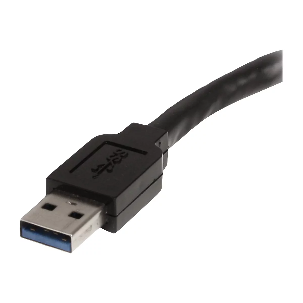 Ein schwarzes USB-3.0-Kabel, Stecker nah, Stecker hat das USB-Logo.