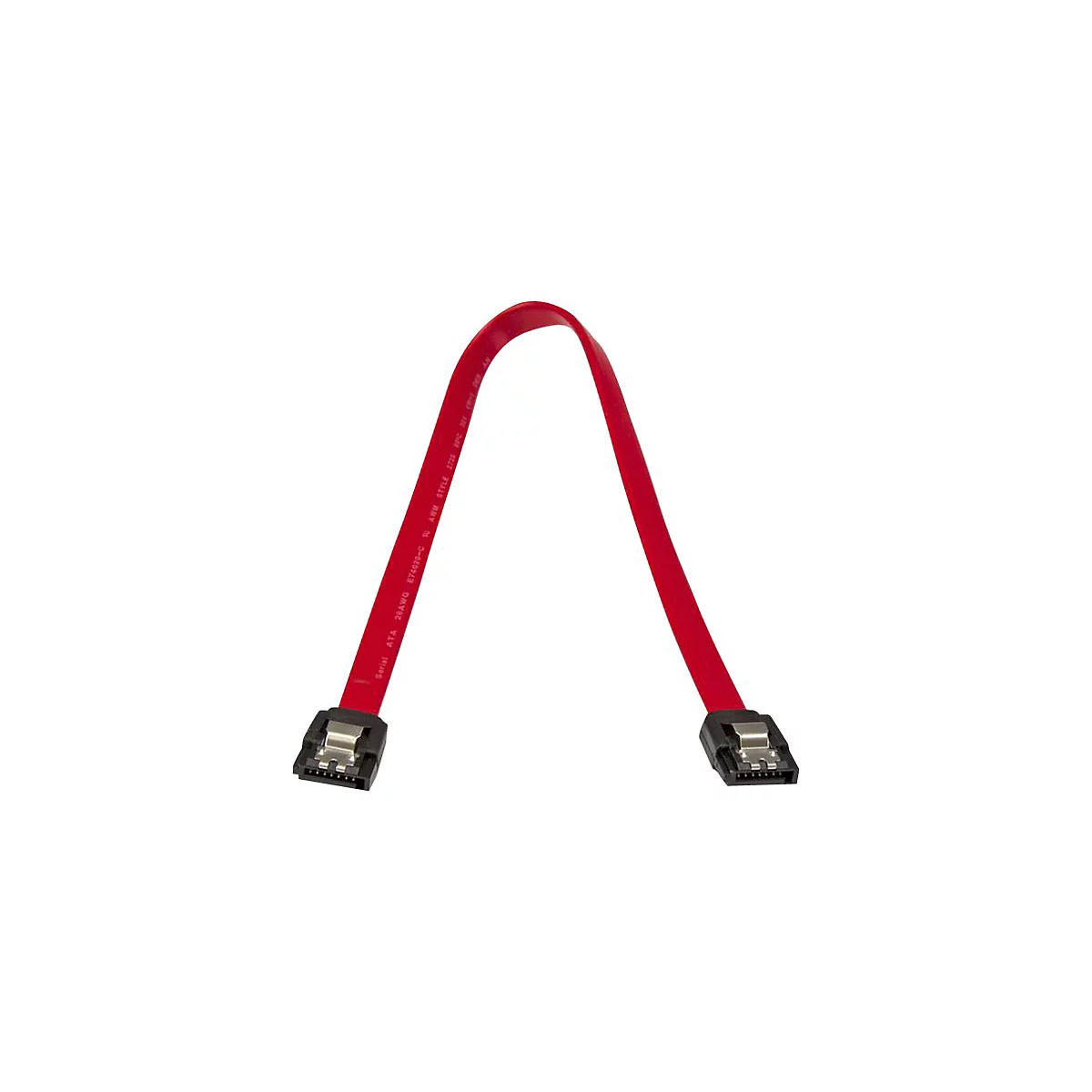 Rotes SATA-Kabel mit zwei schwarzen Steckern auf weißem Hintergrund.