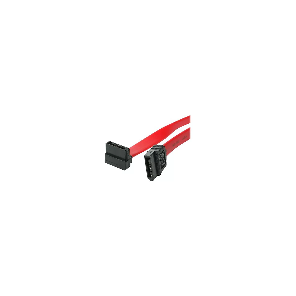 Rotes SATA-Datenkabel mit zwei schwarzen Steckern vor weißem Hintergrund.