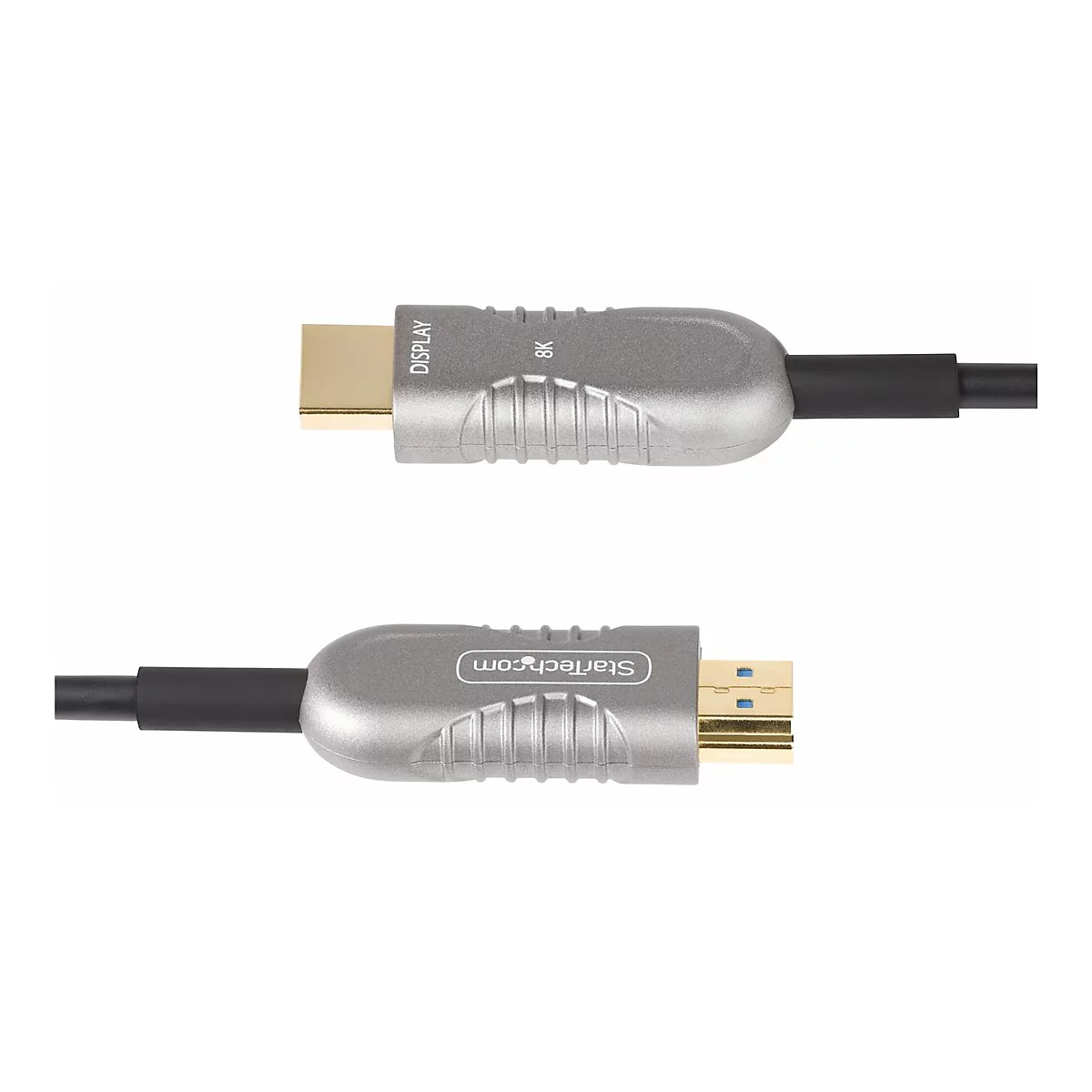 Deux câbles HDMI gris avec des connecteurs dorés sur fond blanc. L'un porte l'inscription 'DISPLAY 8K' et l'autre 'StarTech.com'.
