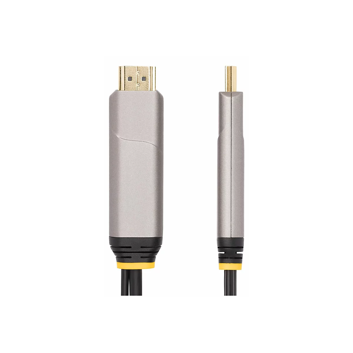 Un câble HDMI avec boîtier en métal gris et connecteur doré, isolé sur fond blanc.