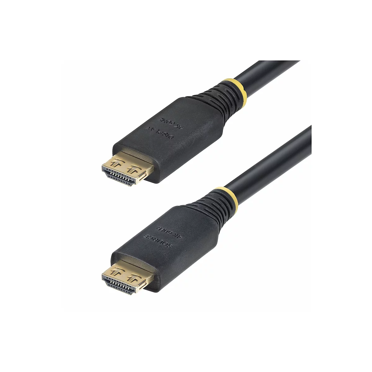 Un câble HDMI noir avec des connecteurs dorés, présenté sur un fond blanc. On peut voir des inscriptions telles que "4K 60Hz" et "Display" ou "Source" sur le connecteur.
