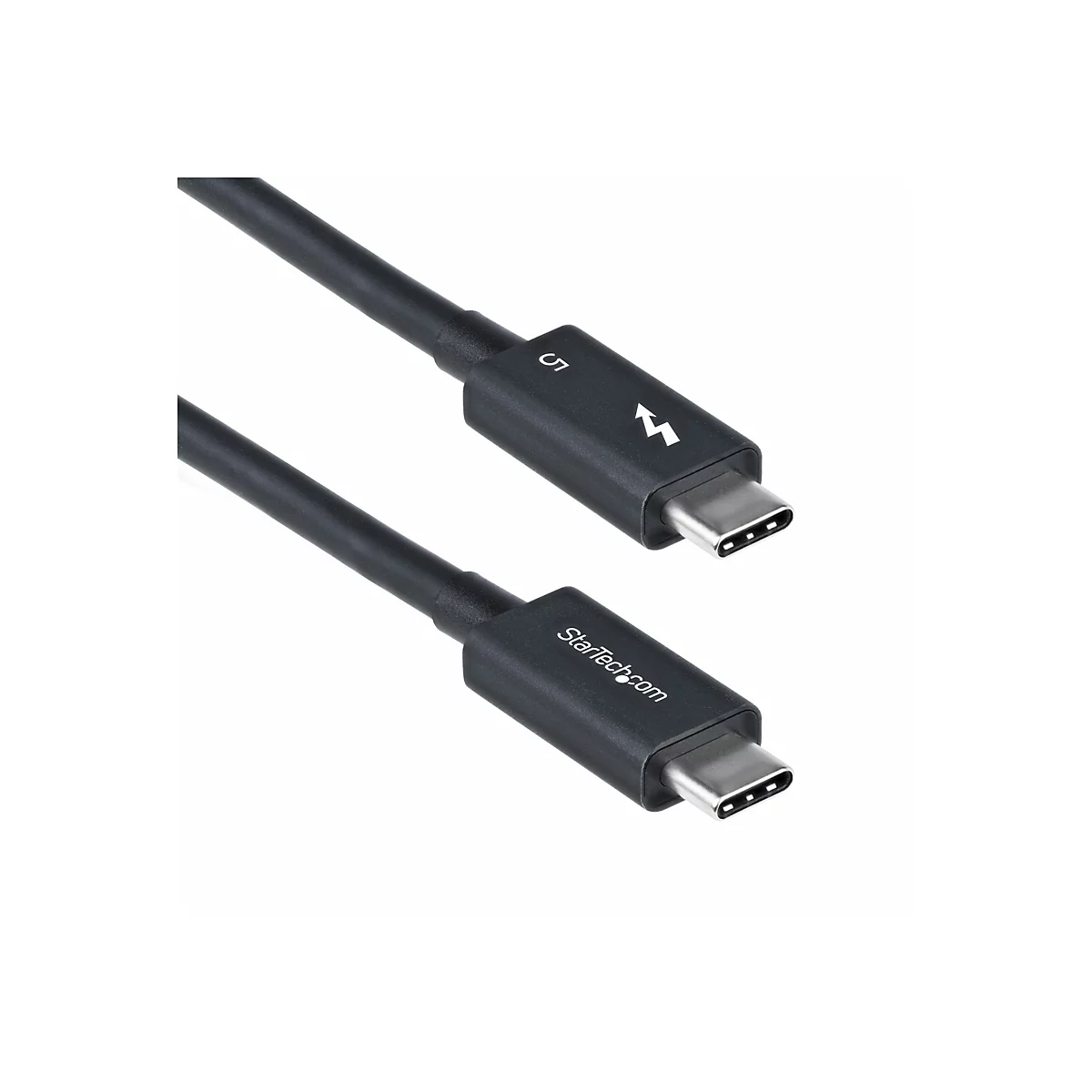 Câble USB-C noir avec connecteurs. Un connecteur porte le chiffre "5" et un symbole d'éclair, l'autre porte l'inscription "StarTech.com."
