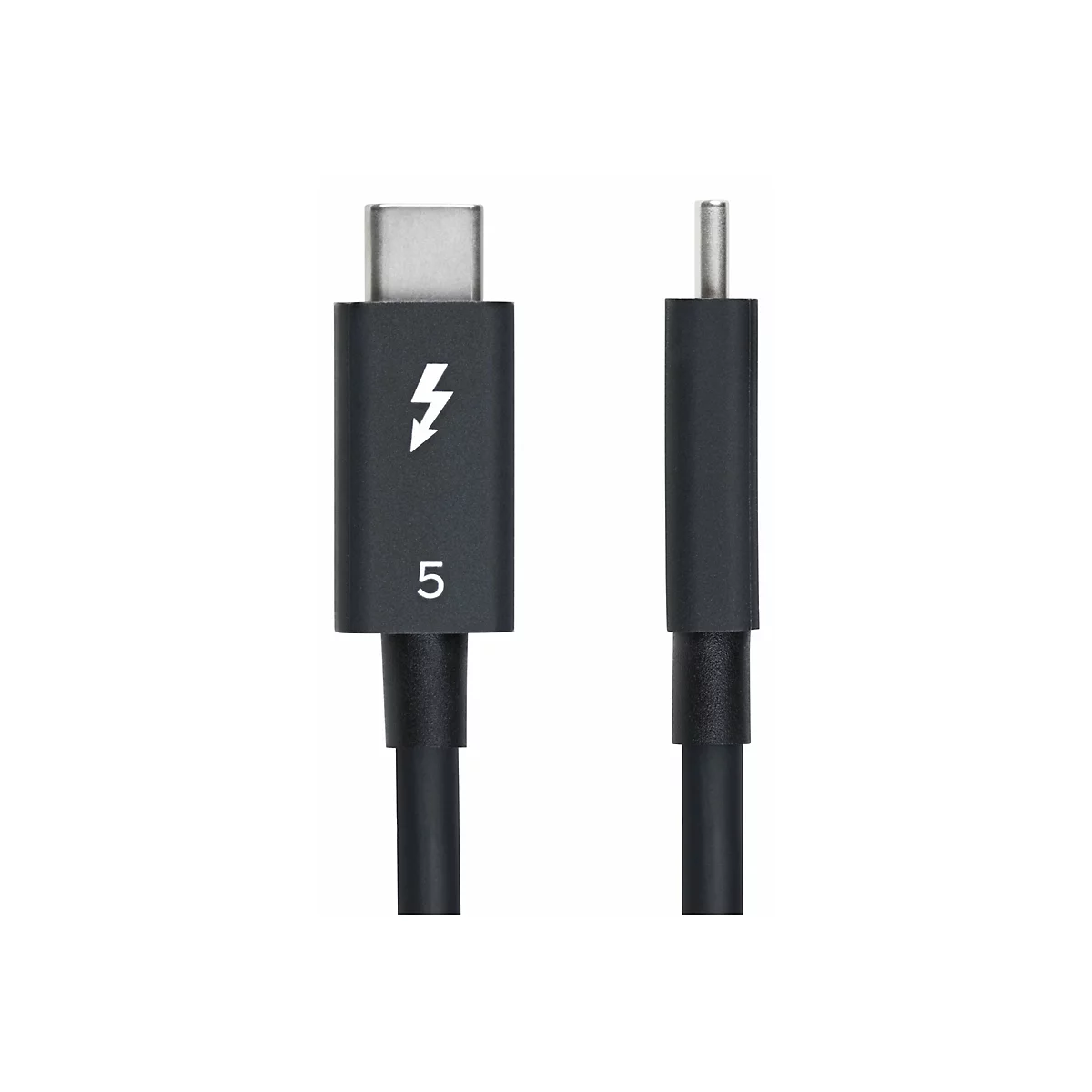 Un câble Thunderbolt noir avec un connecteur. Le connecteur porte un symbole d'éclair et le chiffre 5.