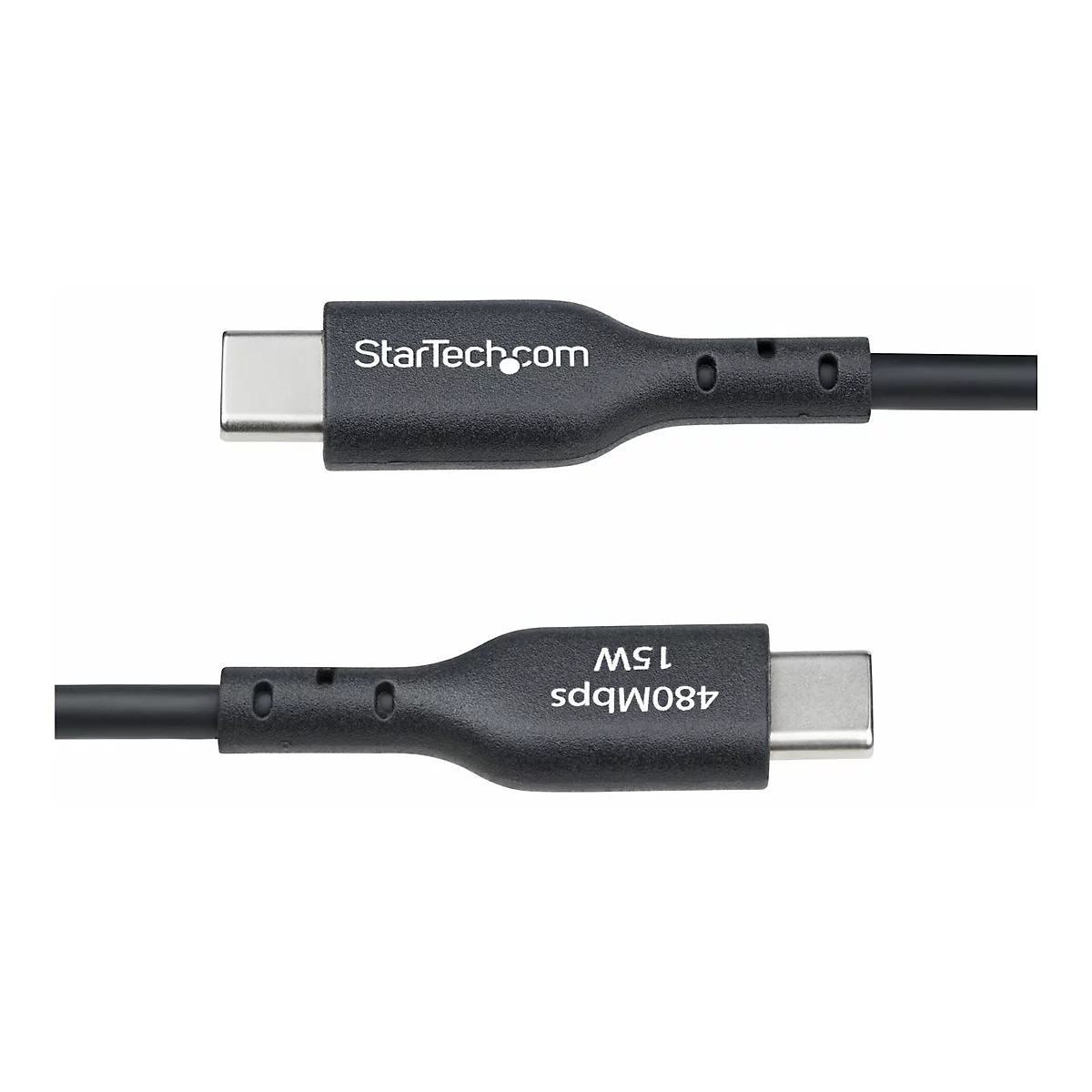 Câble USB-C noir, logo StarTech.com, 480Mbps et 15W.