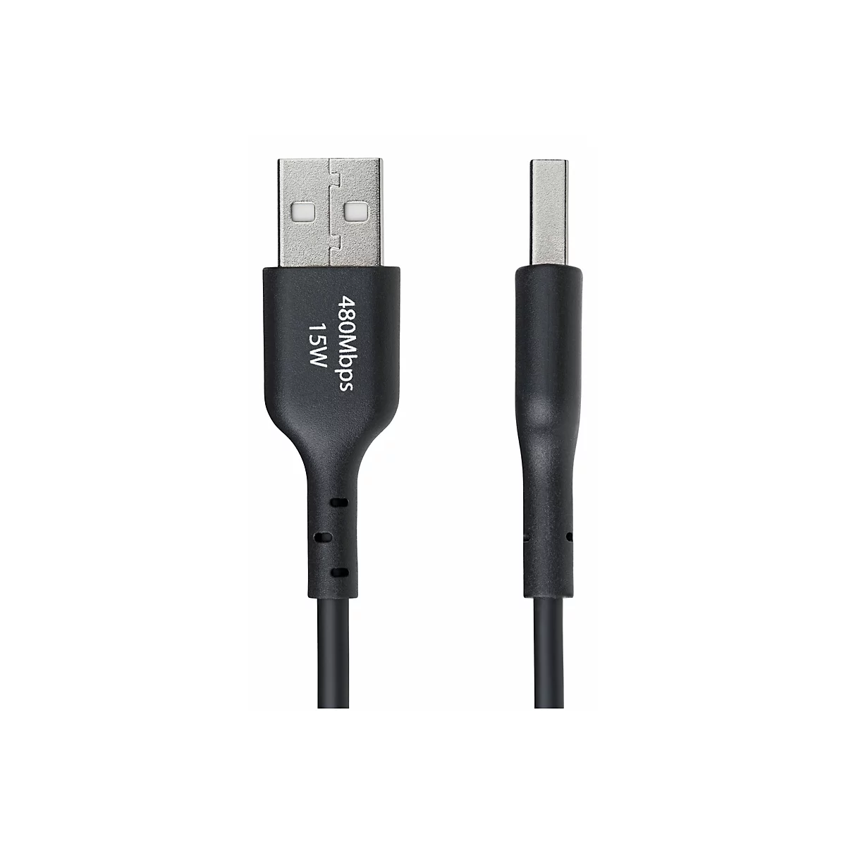 Un câble USB noir présenté sur fond blanc. Le connecteur USB-A est à gauche et le connecteur USB-C à droite.