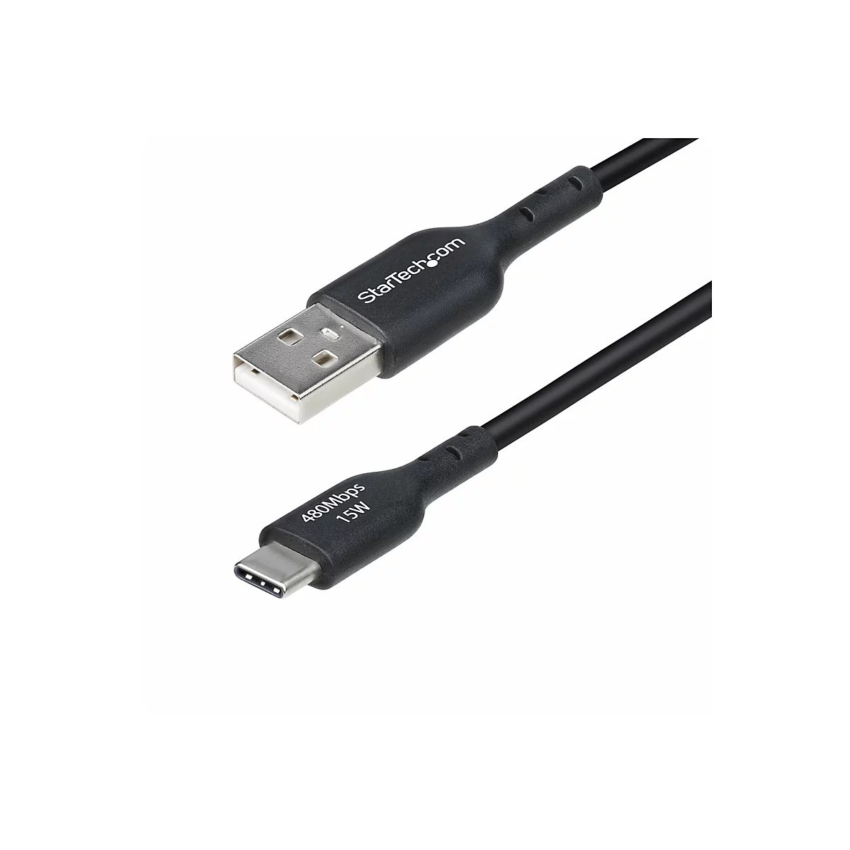 Câble USB noir avec connecteur Type-C. Le câble indique StarTech.com et 480Mbps 15W.