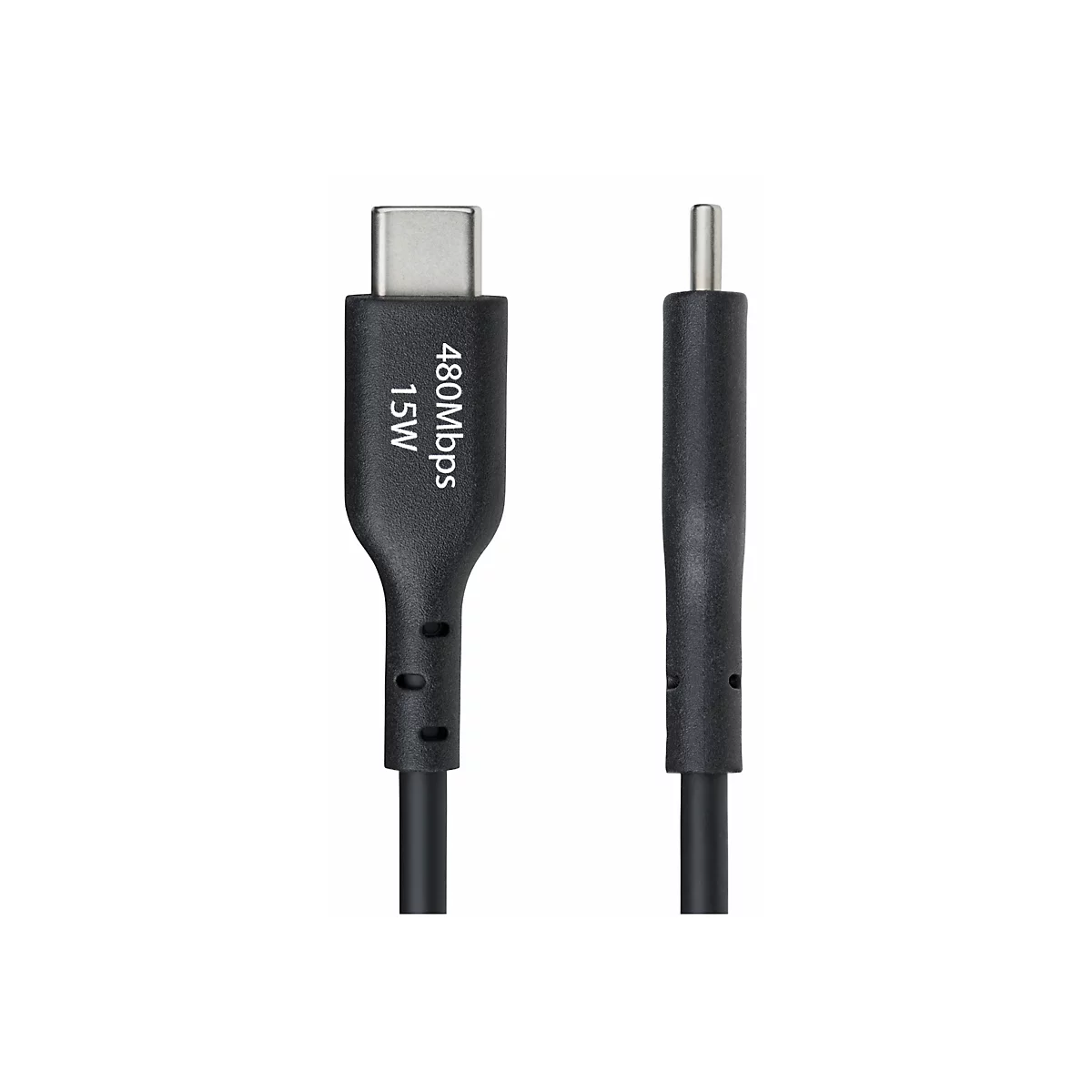 Câble USB-C noir avec extrémités grises, 480 Mbps et 15W.
