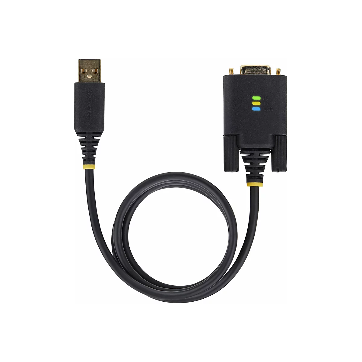 Câble adaptateur USB vers RS232 noir. Une extrémité connecteur USB, l'autre extrémité connecteur RS232 avec LED de contrôle. Courbe du câble.