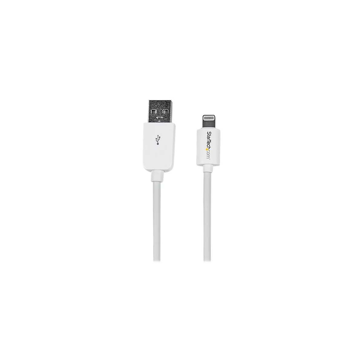 Weißes USB-auf-Lightning-Kabel. Auf dem Lightning-Stecker steht Startech.com.