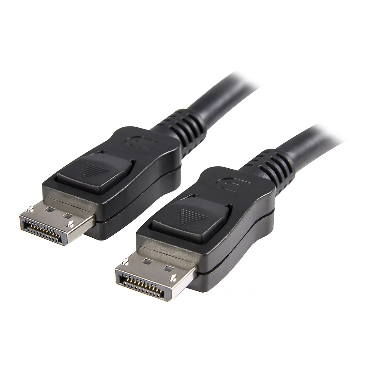 Zwei schwarze DisplayPort-Kabel mit Steckern; weißer Hintergrund.