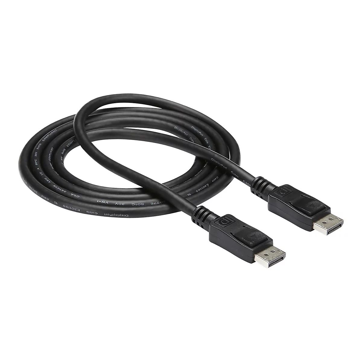Schwarzes DisplayPort-Kabel mit Steckern an beiden Enden; liegt auf weißem Hintergrund.