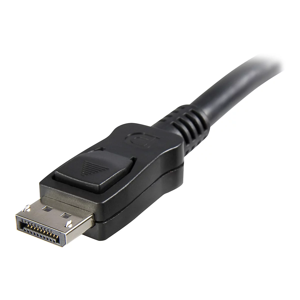 Nahaufnahme eines schwarzen DisplayPort-Kabels, das auf weißem Hintergrund liegt. Der Stecker ist im Fokus.