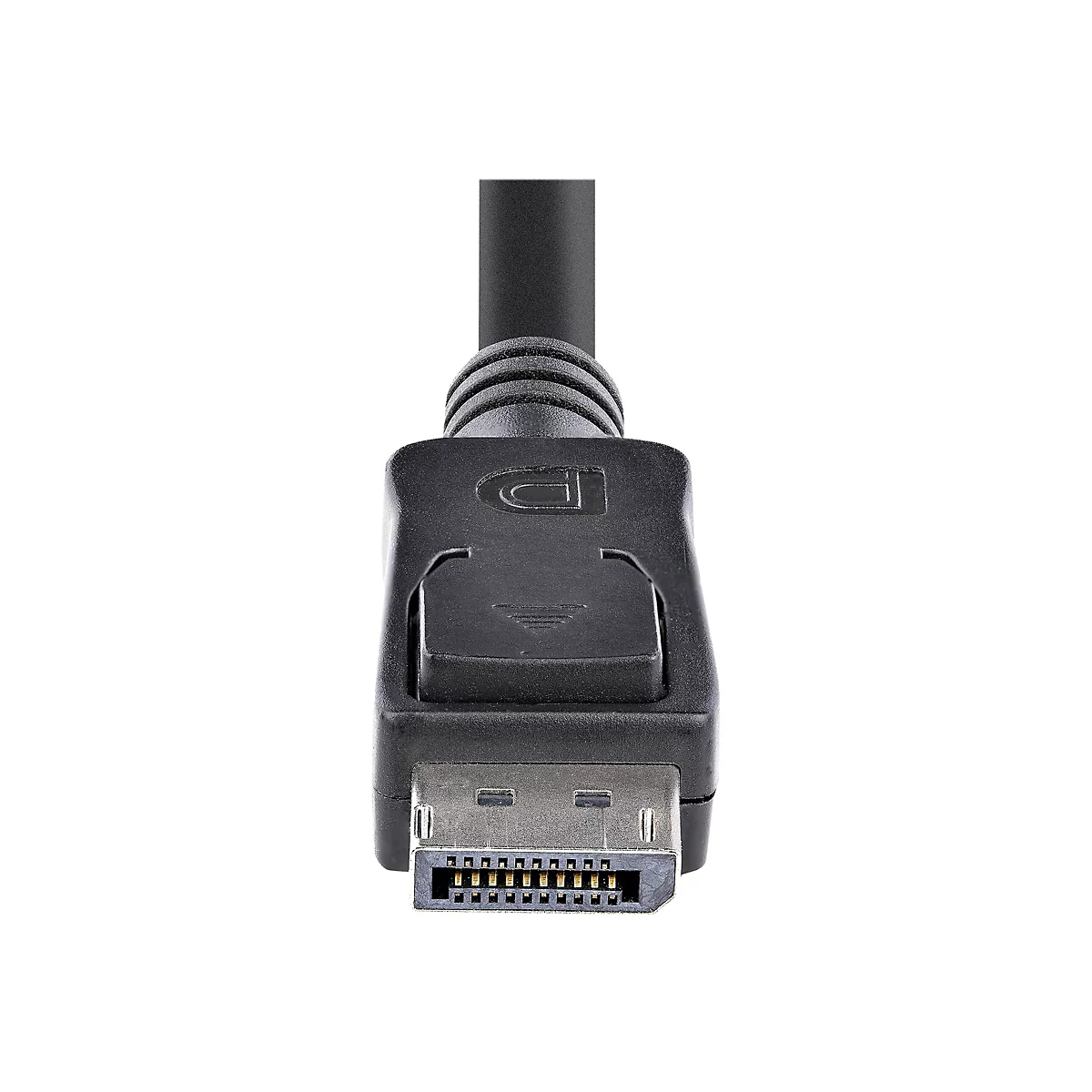 Nahaufnahme eines schwarzen DisplayPort-Kabels, Stecker im Fokus. Schwarzer Stecker mit Druckknopf und Anschlüssen in grau und gold.