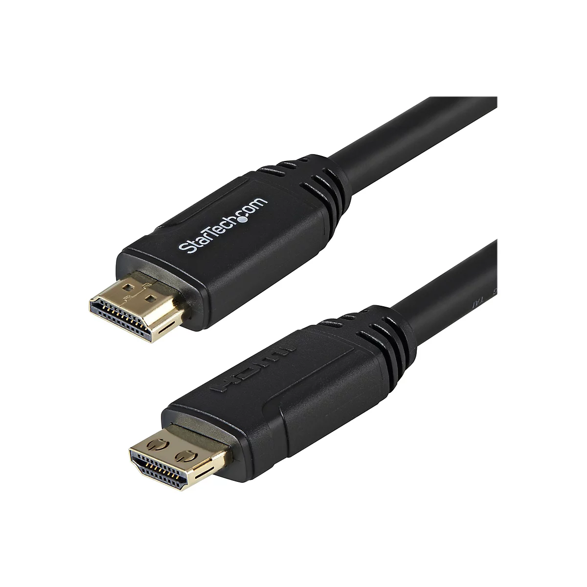 Zwei schwarze HDMI-Kabel mit goldenen Anschlüssen. Auf einem steht StarTech.com, auf dem anderen HDMI.