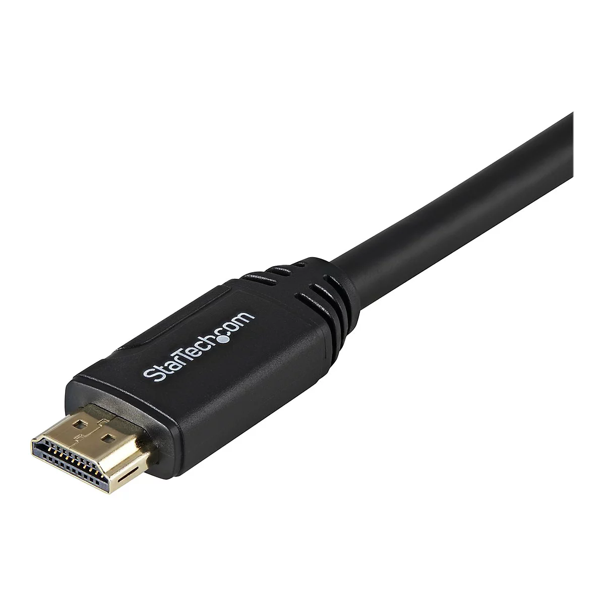 Schwarzes HDMI-Kabel mit vergoldetem Anschluss und StarTech.com Logo.