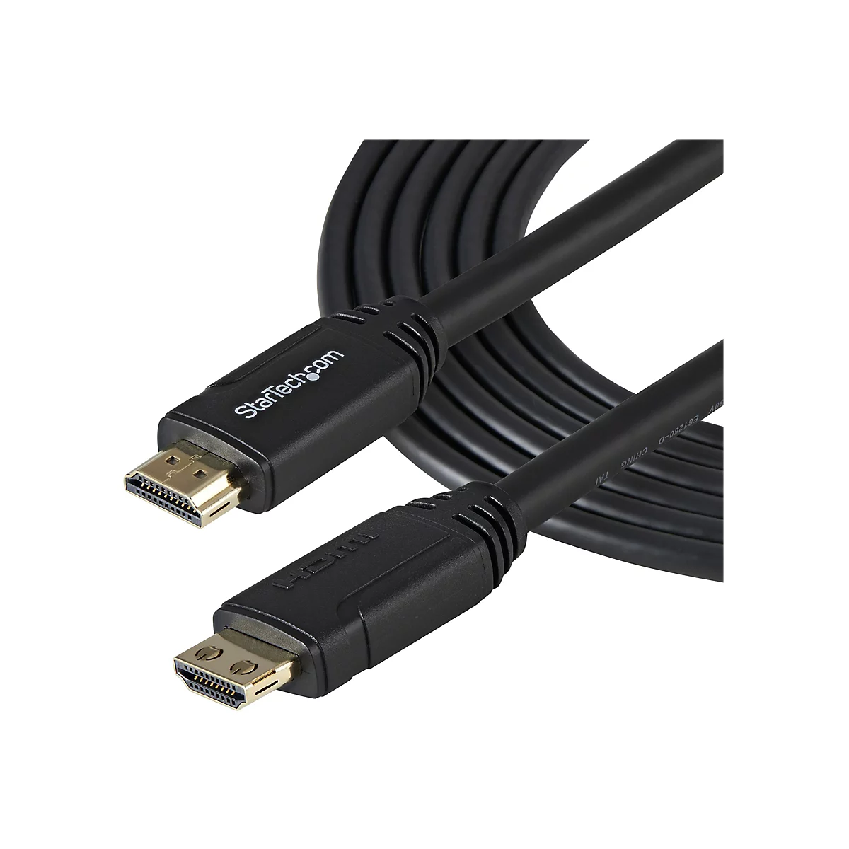 Schwarzes HDMI-Kabel mit Steckern, StarTech.com Logo. Goldfarbene Anschlüsse.