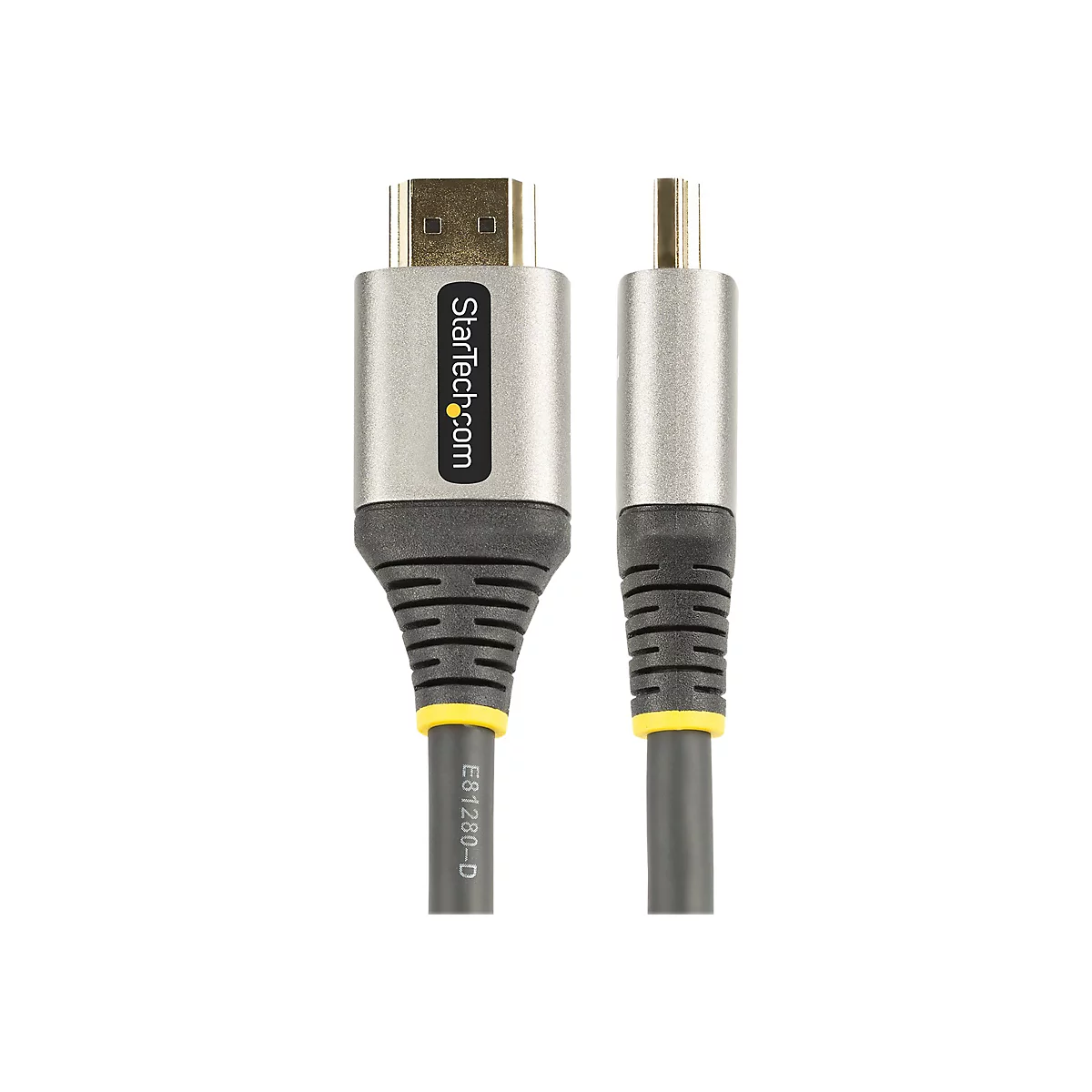 Ein HDMI-Kabel mit grauen Metallenden und einem grauen Kabel, das auf weißem Hintergrund abgebildet ist. Auf einem Ende ist das Logo von Startech.com zu sehen.