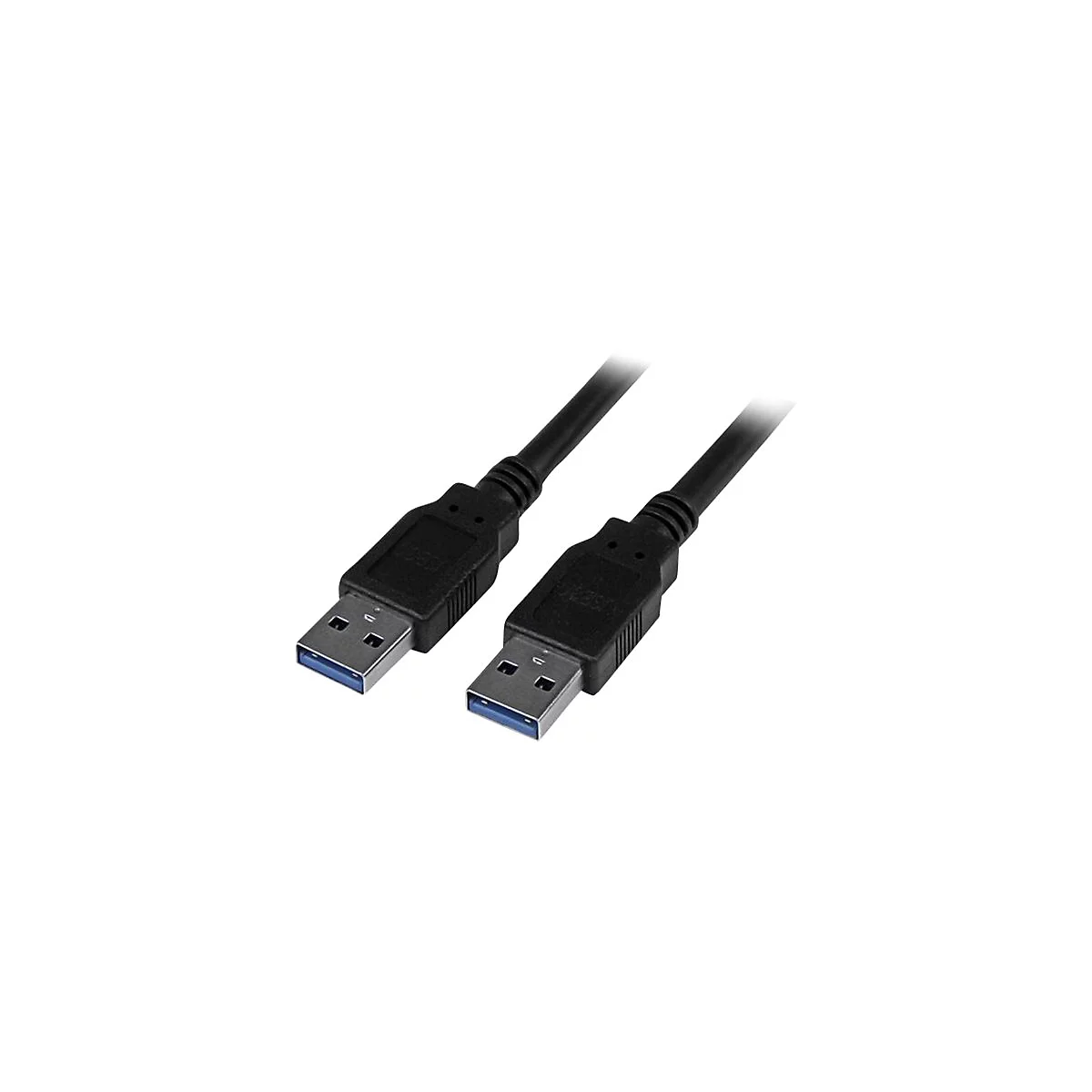 Zwei schwarze USB 3.0 Kabel mit blauen Steckern. Sie sind diagonal auf weißem Hintergrund angeordnet.