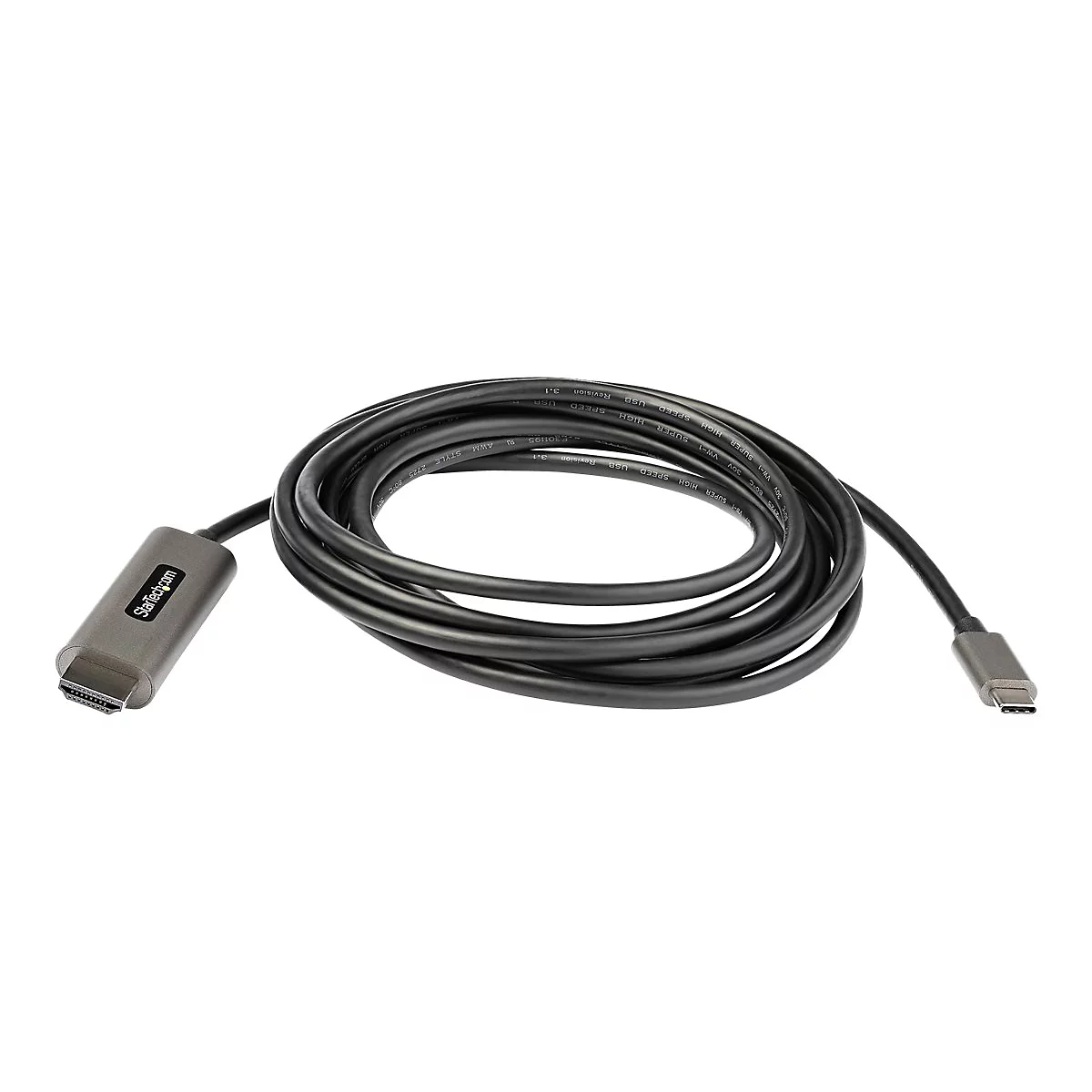 Schwarzes HDMI-Kabel mit USB-C-Anschluss, auf weißem Hintergrund gerollt.