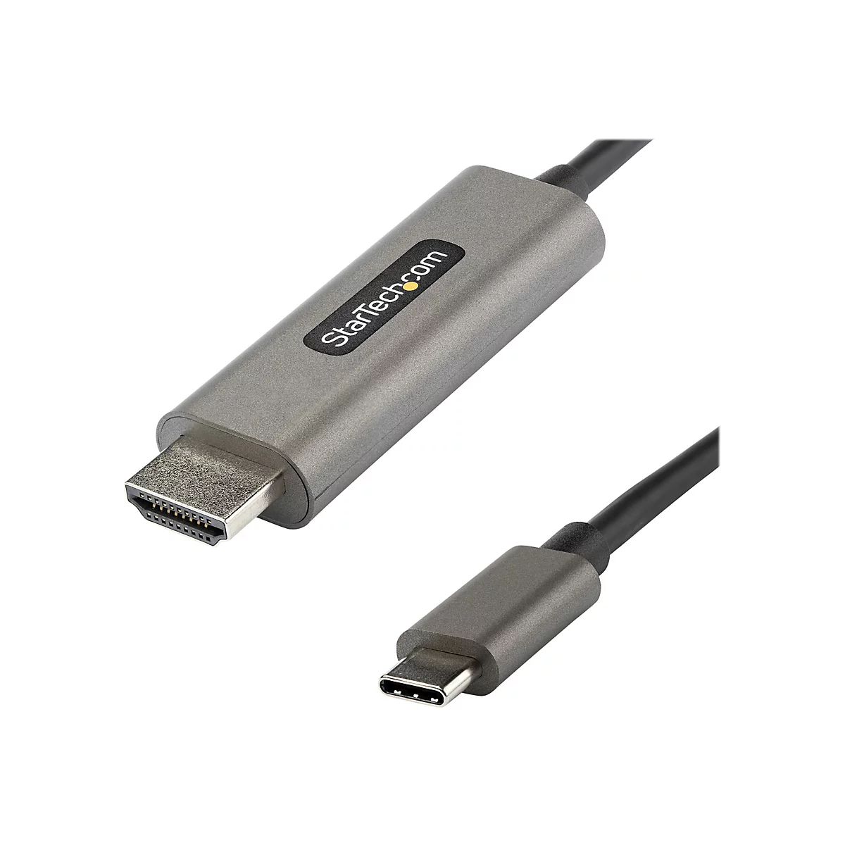 Ein graues HDMI-auf-USB-C-Kabel auf weißem Hintergrund. Der Stecker ist ein HDMI-Stecker, gegenüber ein USB-C-Stecker.