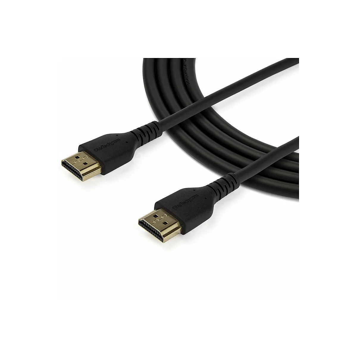 Un câble HDMI noir avec des connecteurs plaqués or. Le connecteur est étiqueté avec Startech.com.