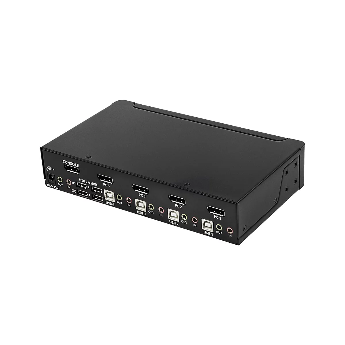 Schwarzer KVM-Switch mit zahlreichen AnschlÃ¼ssen, wie USB, HDMI und Audio, fÃ¼r verschiedene GerÃ¤te.