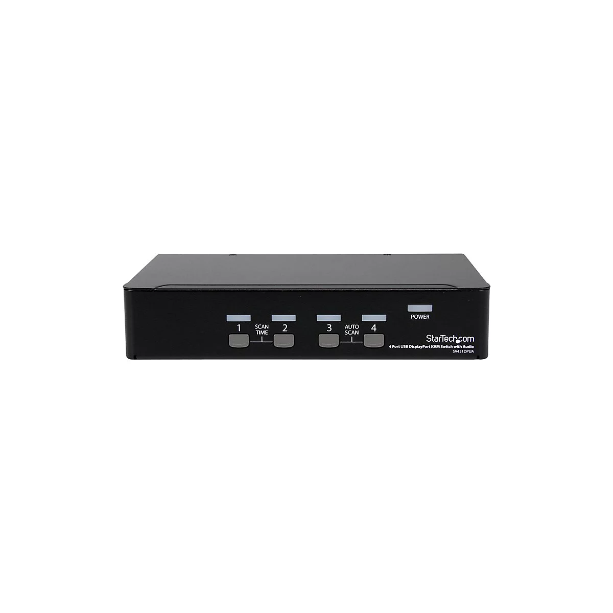 Schwarzer KVM-Switch mit vier Tasten, beschriftet mit 1, 2, 3, 4. Aufschrift: StarTech.com, Power, Auto Scan. WeiÃŸer Hintergrund.